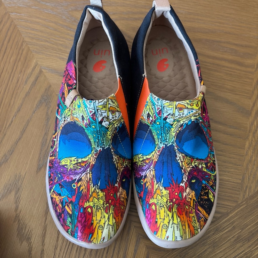 UIN Multicolor Skull Slip-On Flats - Blue, Yellow, Pink, Orange, Black